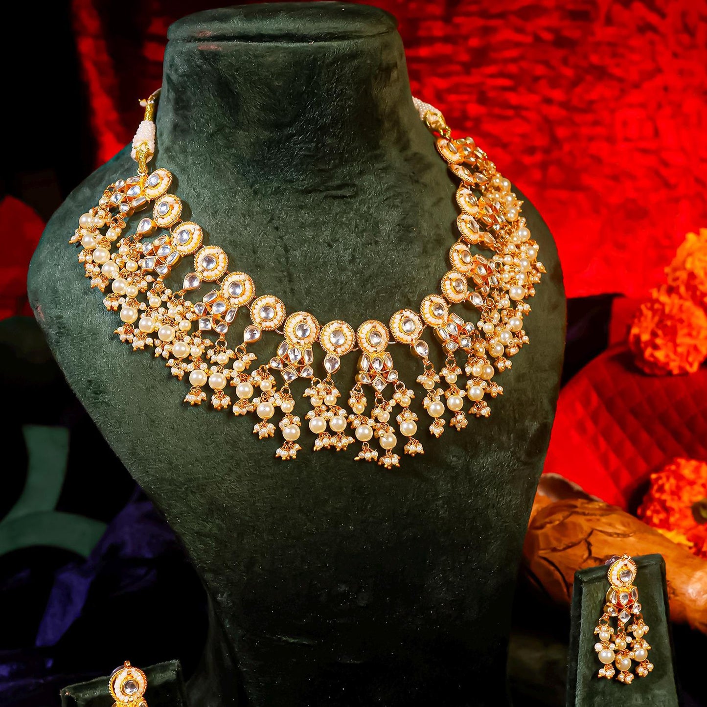 White Kundan Bridal Choker Set  Gold Plated Necklace & Earrings, Indian Wedding Jewelry, Traditional Polki Style Set