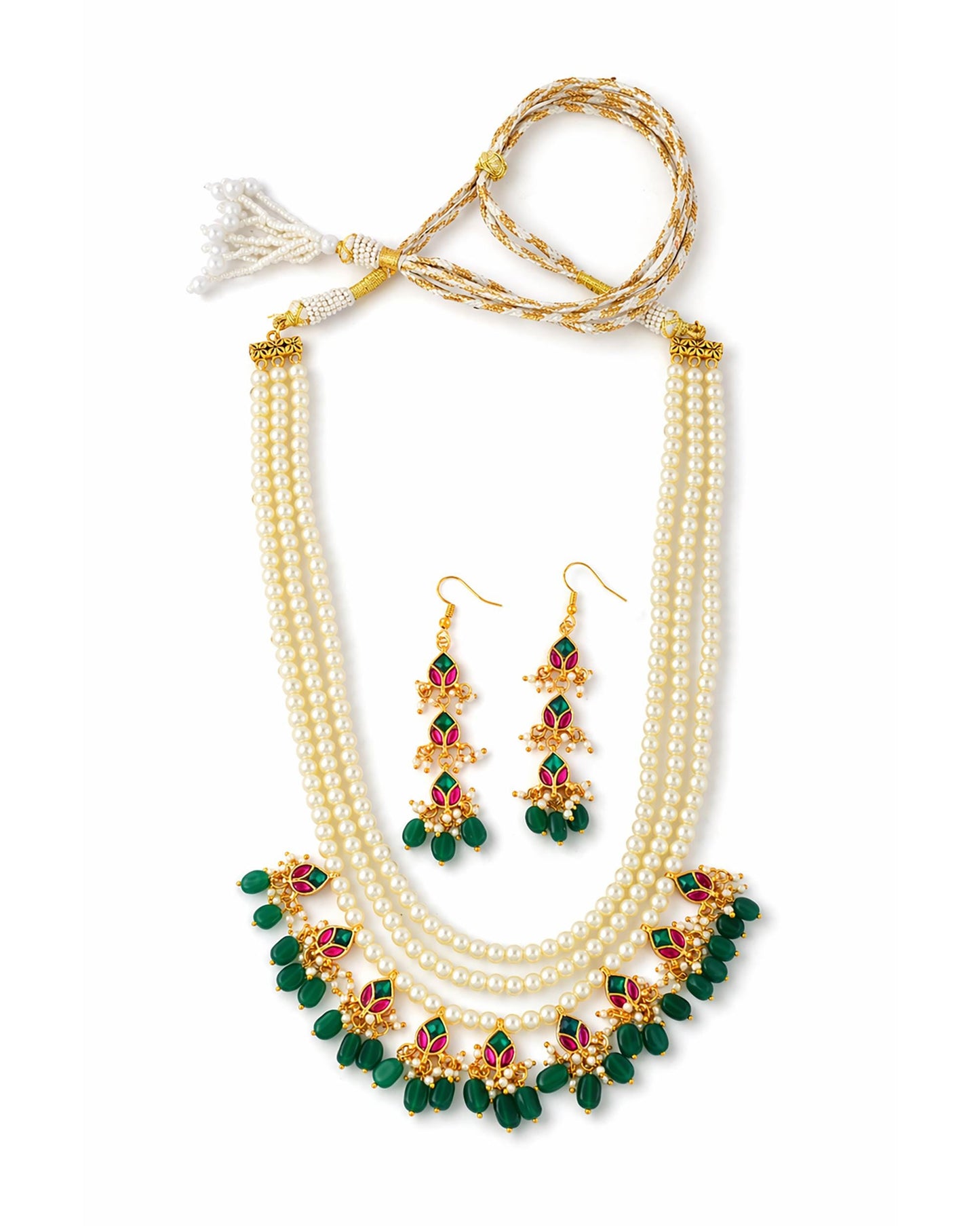 Handcrafted Kundan Raani Haar Set  Pearl Necklace with Green Bead Earrings, Traditional Indian Bridal Jewelry