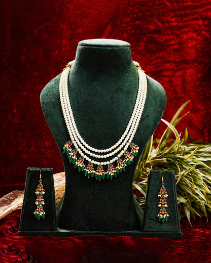 Handcrafted Kundan Raani Haar Set  Pearl Necklace with Green Bead Earrings, Traditional Indian Bridal Jewelry