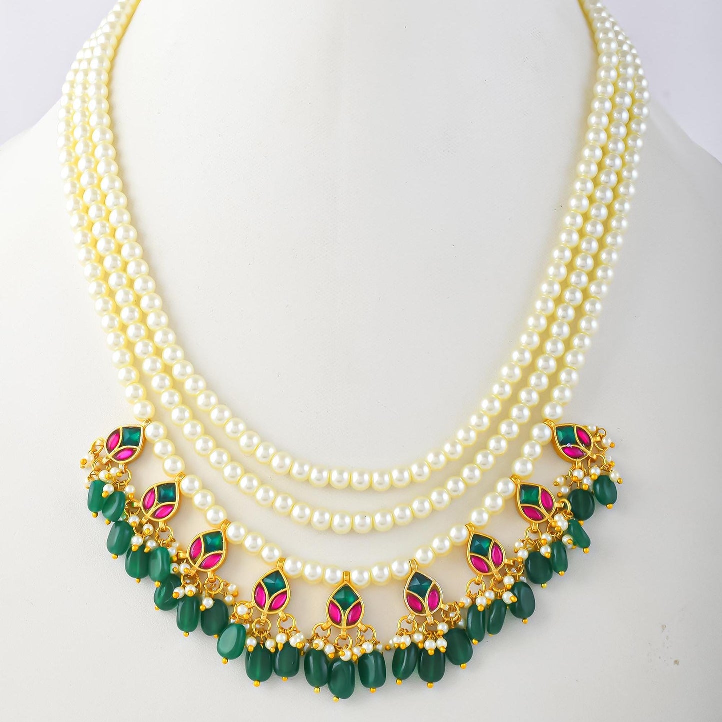 Handcrafted Kundan Raani Haar Set  Pearl Necklace with Green Bead Earrings, Traditional Indian Bridal Jewelry