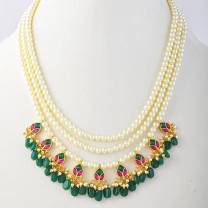 Handcrafted Kundan Raani Haar Set  Pearl Necklace with Green Bead Earrings, Traditional Indian Bridal Jewelry