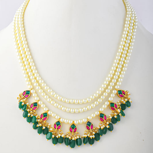 Handcrafted Kundan Raani Haar Set  Pearl Necklace with Green Bead Earrings, Traditional Indian Bridal Jewelry
