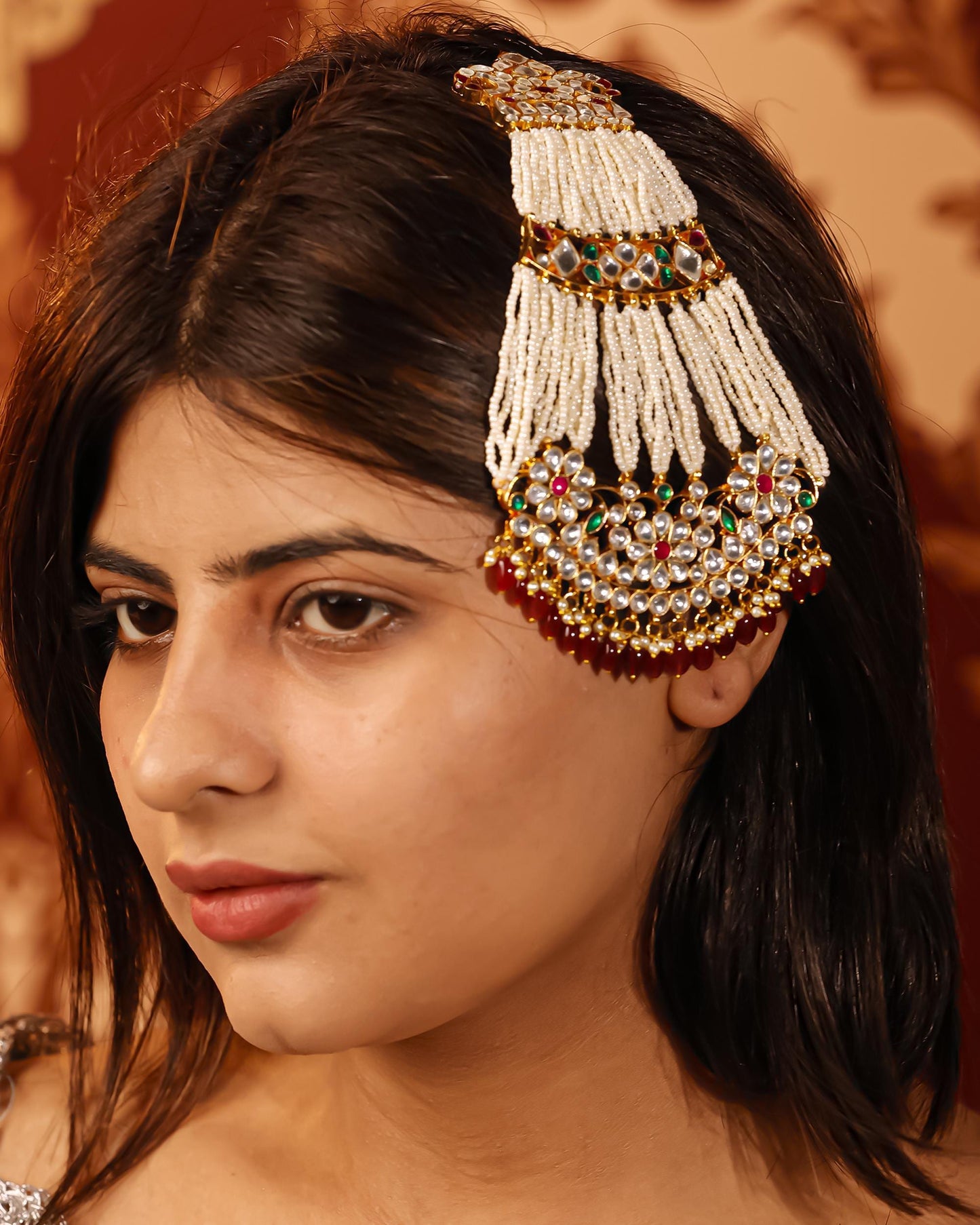 Royal Kundan Passa Jewelry  Pearl Strand Matha Patti, Mughal Side Headpiece, Gold Plated Bridal Passa for Wedding & Eid Jewelry