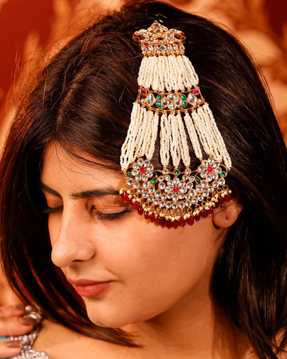 Royal Kundan Passa Jewelry  Pearl Strand Matha Patti, Mughal Side Headpiece, Gold Plated Bridal Passa for Wedding & Eid Jewelry