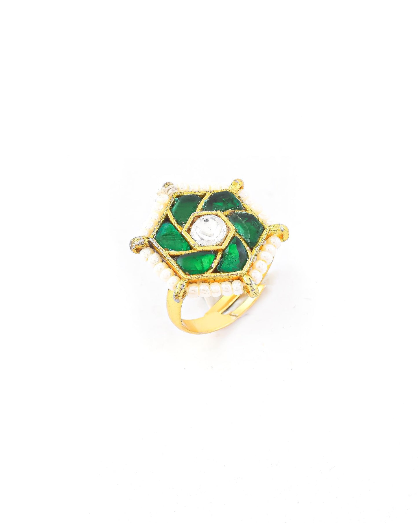 Handmade Green Kundan Pearl Statement Ring  Gold Plated Adjustable Jhumki Style Ethnic Jewelry Ring