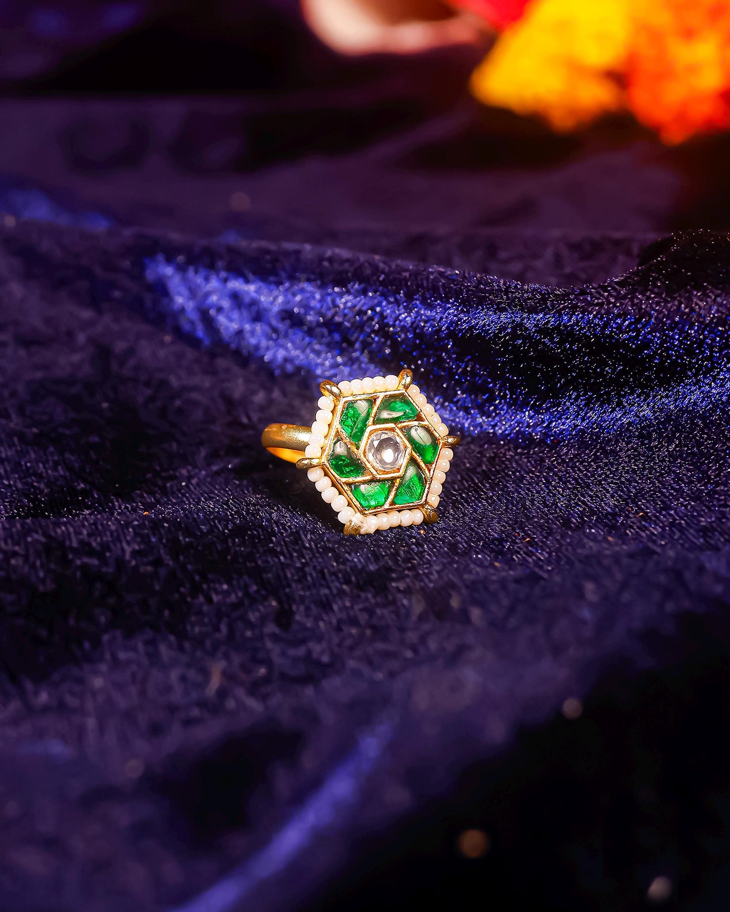 Handmade Green Kundan Pearl Statement Ring  Gold Plated Adjustable Jhumki Style Ethnic Jewelry Ring
