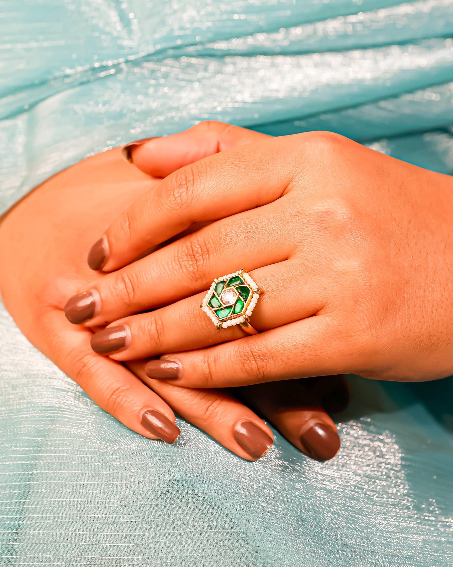 Handmade Green Kundan Pearl Statement Ring  Gold Plated Adjustable Jhumki Style Ethnic Jewelry Ring