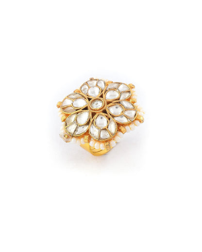 Adjustable Gold Kundan Pearl Bridal Ring  Traditional Indian Statement Jewelry for Wedding & Festive Wear
