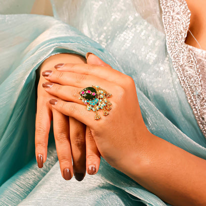 Green Meenakari Kundan Peacock Ring with Pearl Border, Antique Gold Adjustable Statement Ring Jewelry