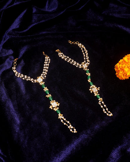 Kundan Pearl Hathphool with Green Beads, Bridal Hand Harness Jewelry, Wedding Hand Chain, Hand Bracelet for Women, Ethnic Bridal Jewelry
