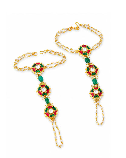 Kundan Pearl Hathphool Hand Harness with Red Green Stones, Bridal Hand Chain, Boho Wedding Hand Jewelry, Gold Hand Bracelet for Women