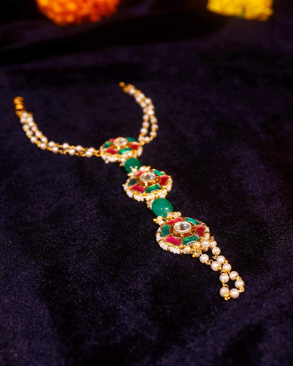 Kundan Pearl Hathphool Hand Harness with Red Green Stones, Bridal Hand Chain, Boho Wedding Hand Jewelry, Gold Hand Bracelet for Women