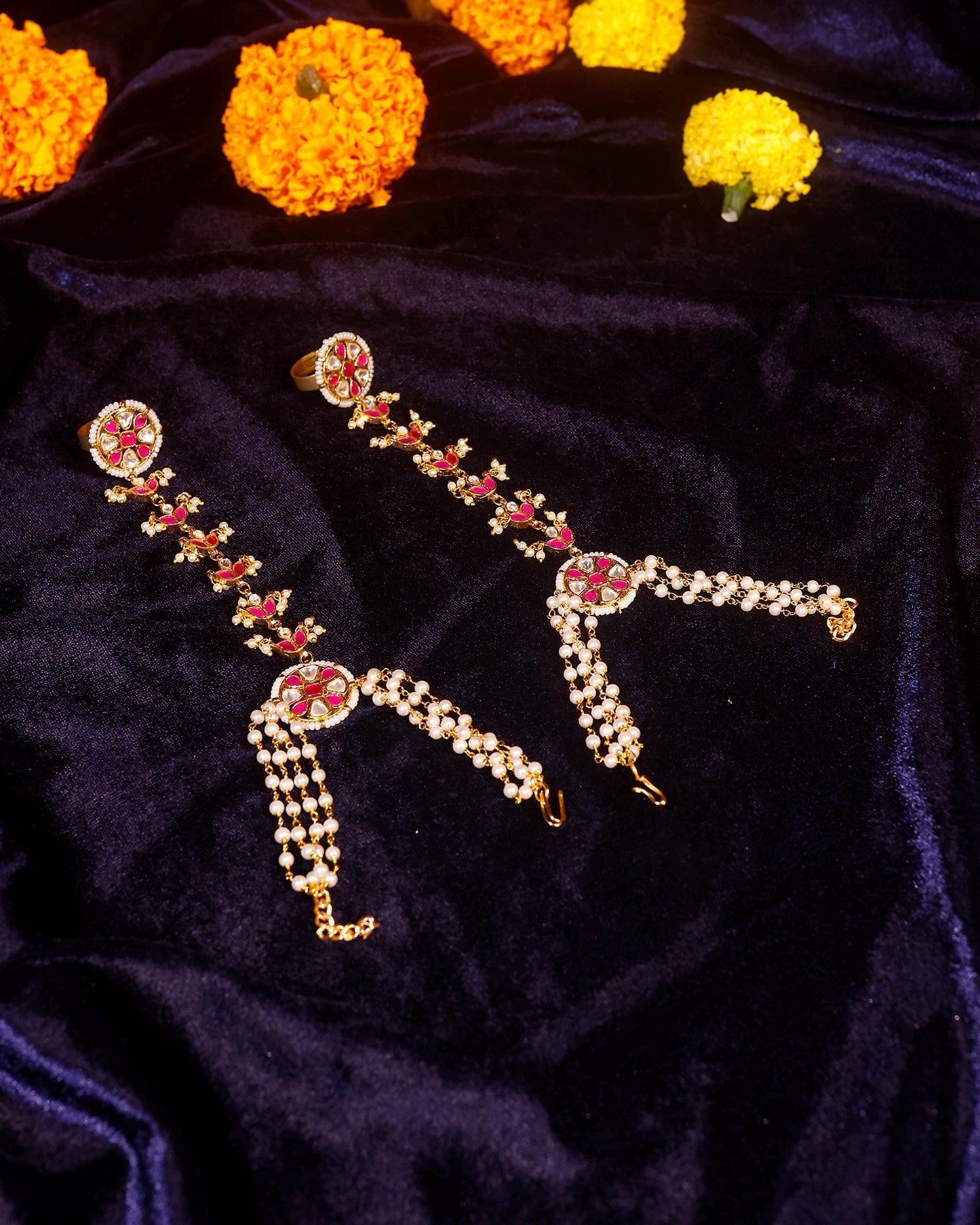 Kundan Pearl Hathphool Bracelet, Traditional Indian Hand Harness, Ruby Pink Stone Pearl Hand Jewelry, Bridal Mehndi Wedding Jewelry Gift