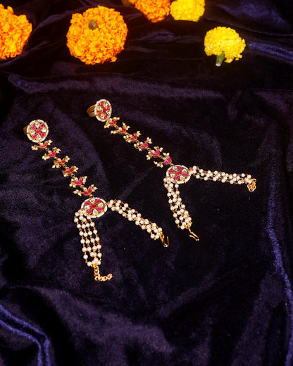 Kundan Pearl Hathphool Bracelet, Traditional Indian Hand Harness, Ruby Pink Stone Pearl Hand Jewelry, Bridal Mehndi Wedding Jewelry Gift