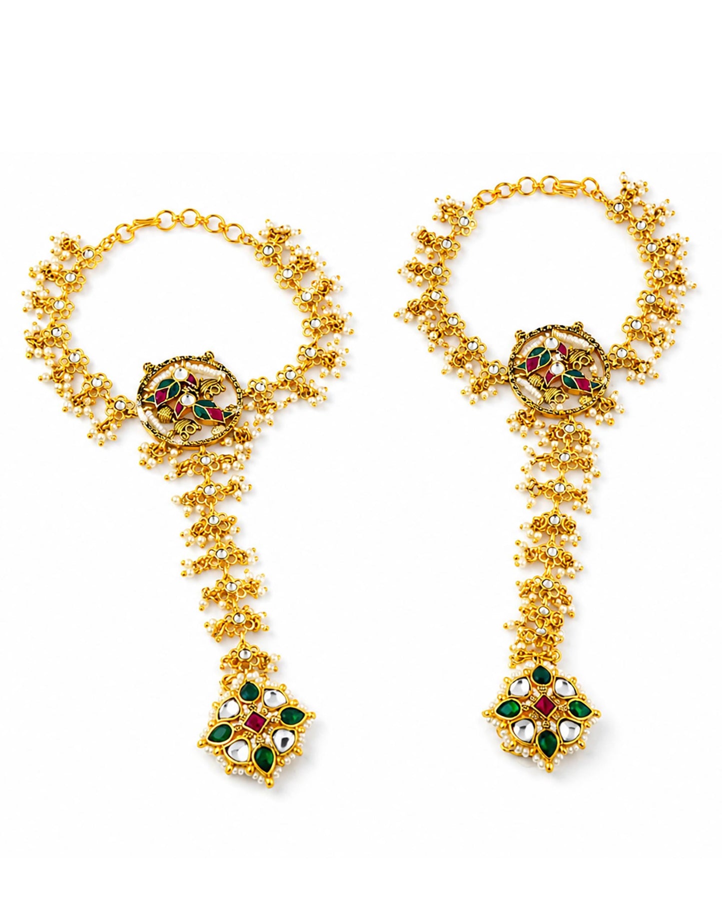Kundan Pearl Hathphool Bridal Hand Harness, Green Red Polki Hand Jewelry, Indian Wedding Hand Bracelet Ring, Traditional Mehndi Jewelry