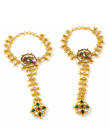 Kundan Pearl Hathphool Bridal Hand Harness, Green Red Polki Hand Jewelry, Indian Wedding Hand Bracelet Ring, Traditional Mehndi Jewelry