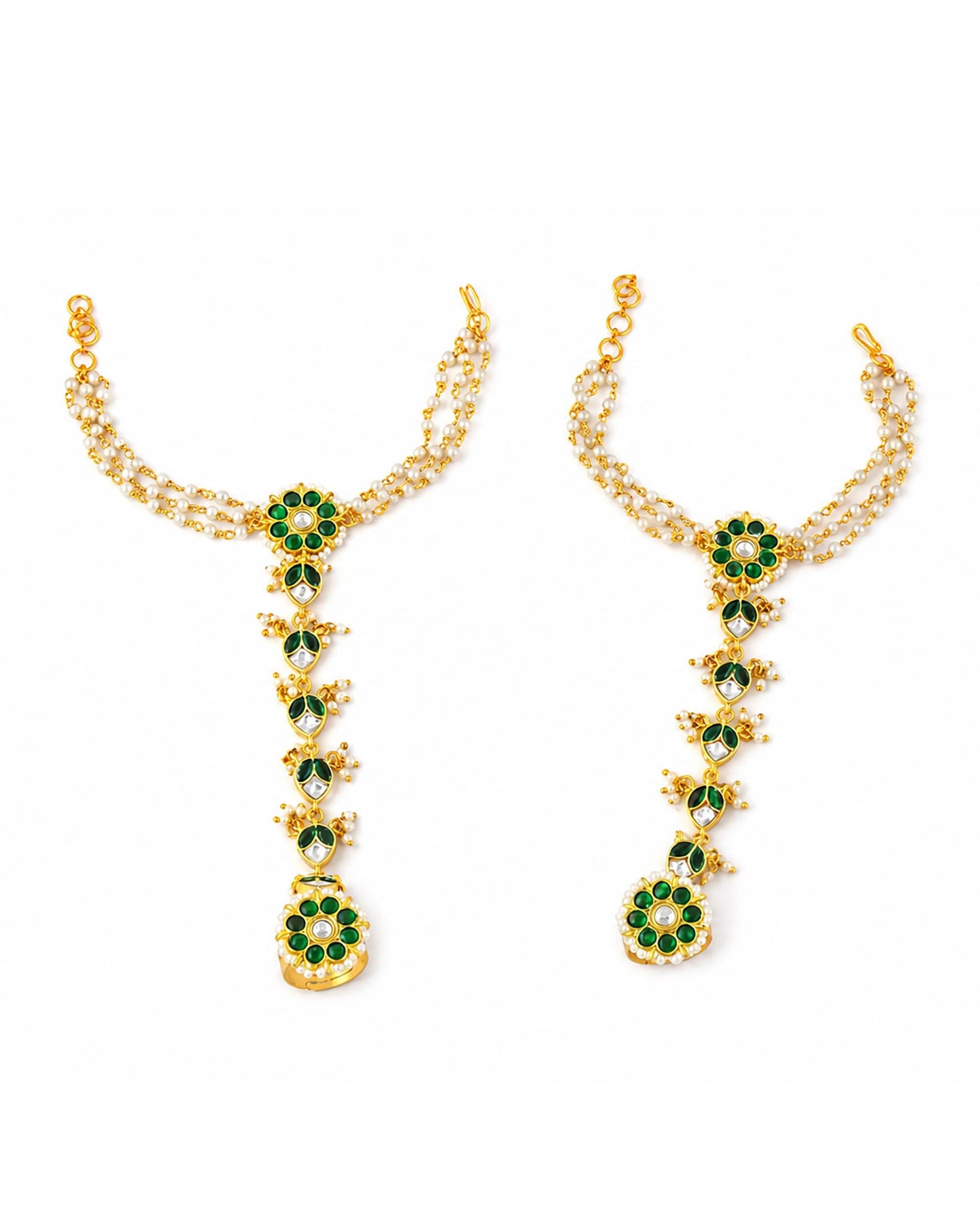 Kundan Pearl Hathphool Bridal Hand Harness, Green Stone Indian Hand Jewelry, Wedding Bracelet Ring, Traditional Mehndi Jewelry