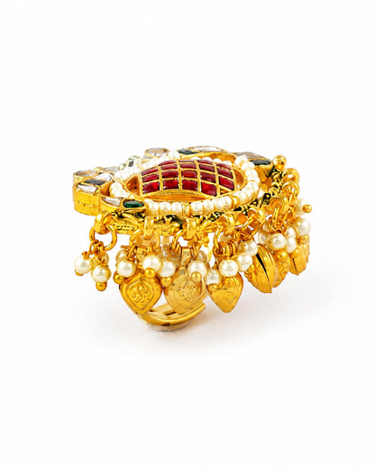 Handcrafted Kundan Statement Ring, Gold Plated Pearls, Green Ruby Pink Ethnic Jewelry