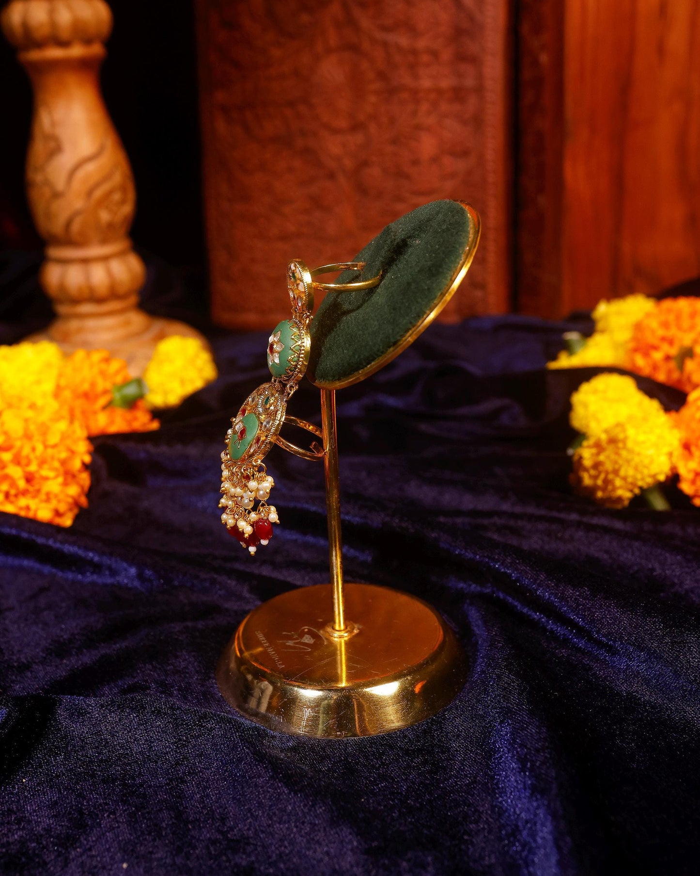 Handmade Gold Plated Kundan Pearl Meenakari Statement Ring, Pink Green Ethnic Bridal Jewelry