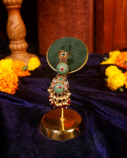 Handmade Gold Plated Kundan Pearl Meenakari Statement Ring, Pink Green Ethnic Bridal Jewelry