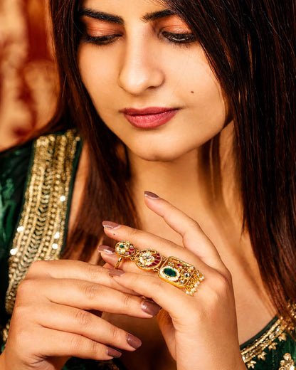 Red Meenakari Kundan Ring with Pearl Border, Antique Gold Adjustable Statement Ring Jewelry