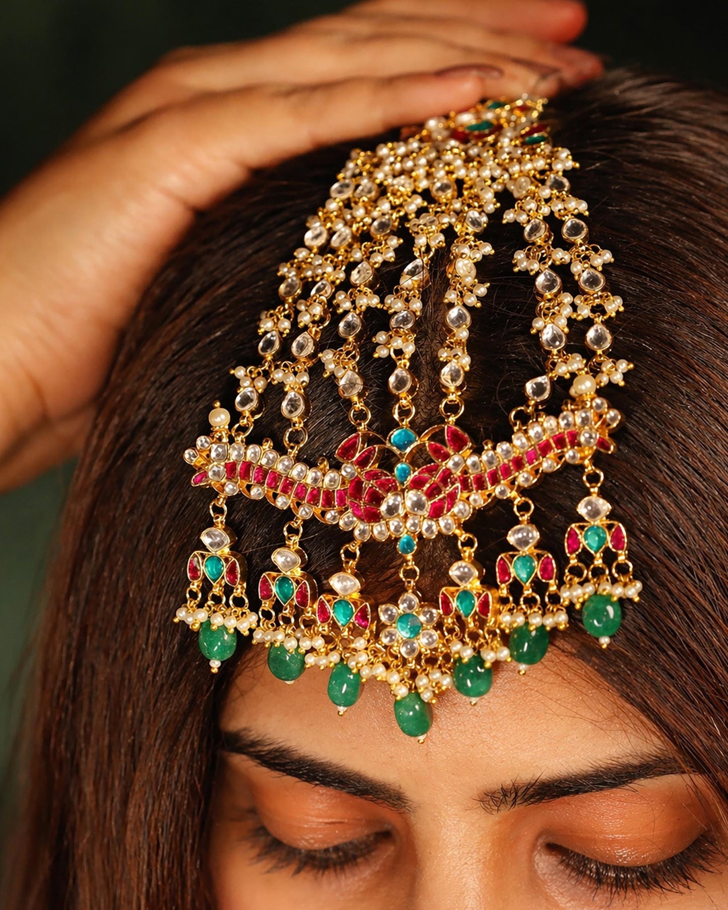 Layered Kundan Passa Headpiece, Gold-Plated Bridal Jhoomar, Mughal Ethnic Jewelry
