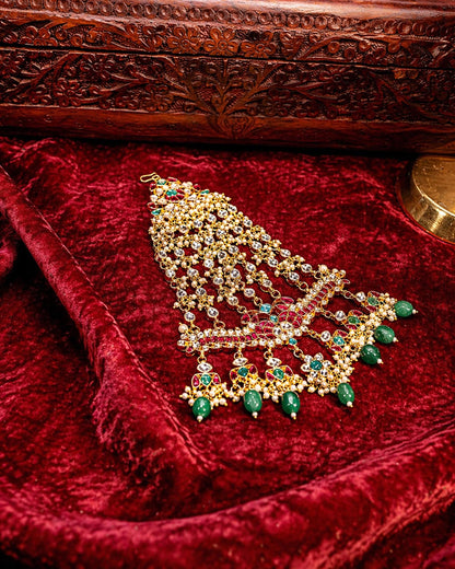 Layered Kundan Passa Headpiece, Gold-Plated Bridal Jhoomar, Mughal Ethnic Jewelry