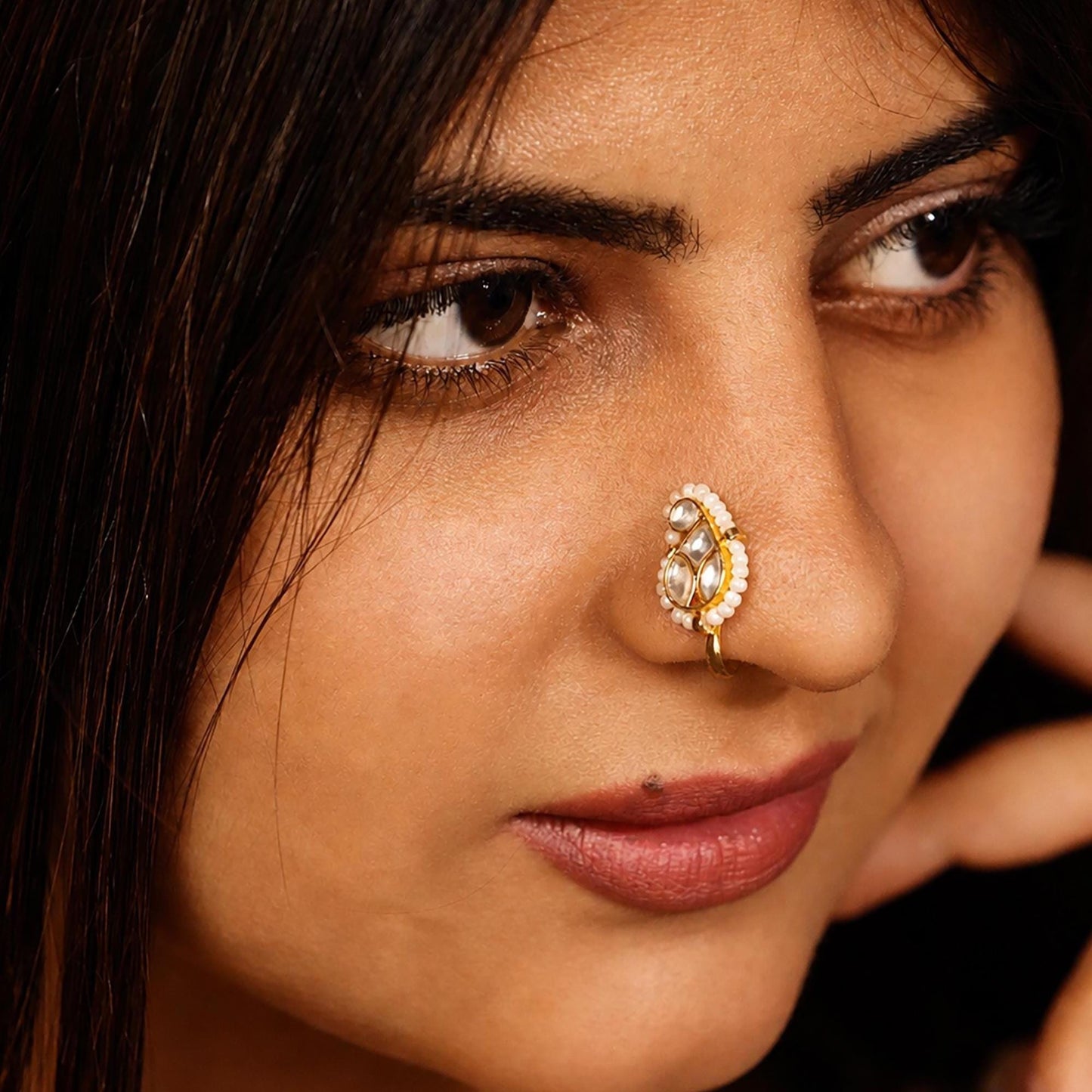 Traditional Kundan Nose Pin for Women, Gold Plated Pearl Nose Stud | Indian Ethnic Nath, Bridal Nose Ring, Handmade Jewelry Gift