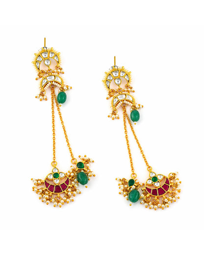 Traditional Kundan Chandbali Earrings, Gold Plated Pearl Drop Earrings, Indian Bridal Jewelry, Green Stone Ethnic Handmade Earring