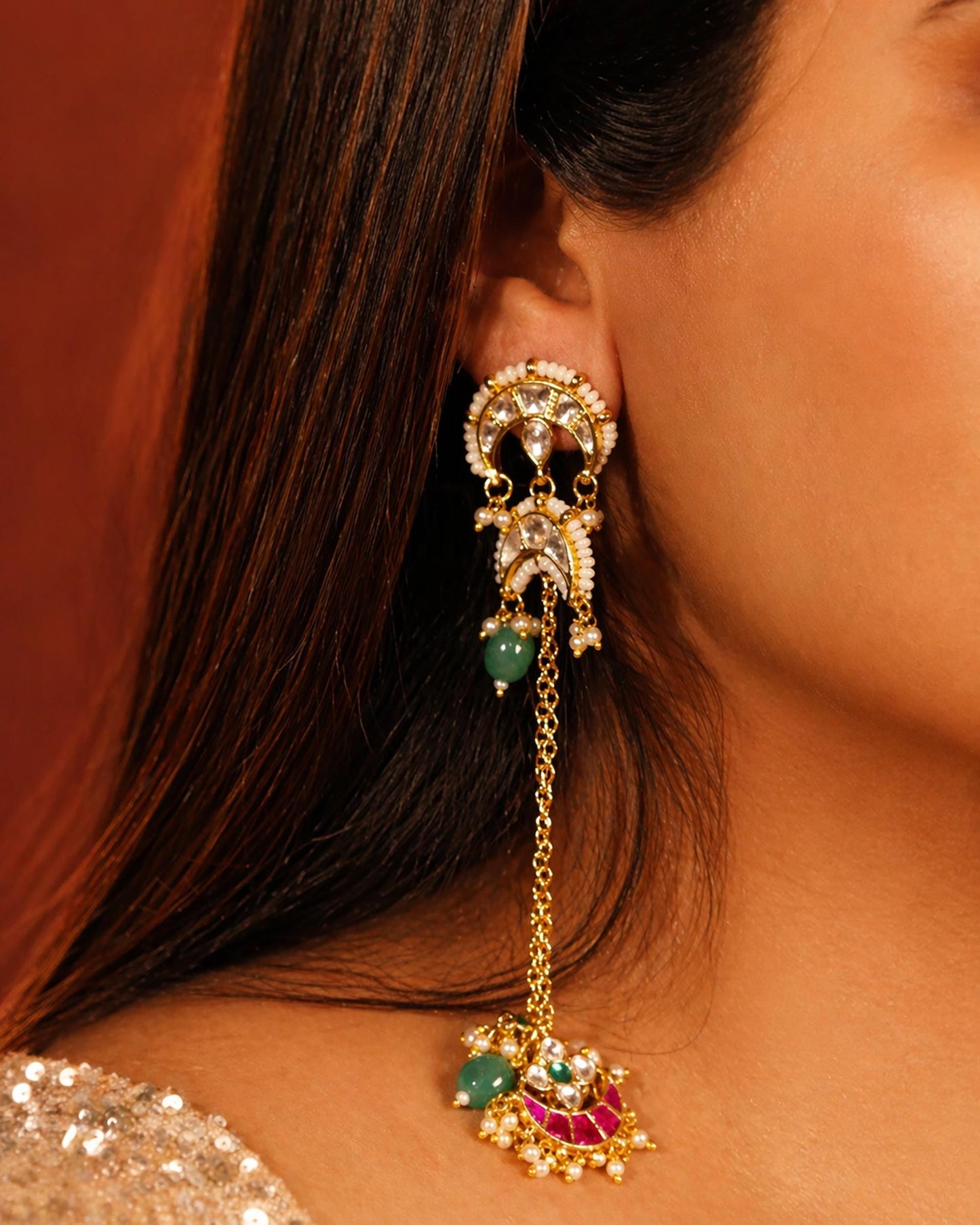 Traditional Kundan Chandbali Earrings, Gold Plated Pearl Drop Earrings, Indian Bridal Jewelry, Green Stone Ethnic Handmade Earring