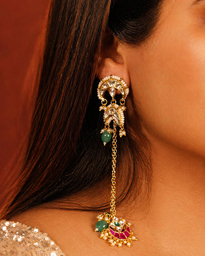 Traditional Kundan Chandbali Earrings, Gold Plated Pearl Drop Earrings, Indian Bridal Jewelry, Green Stone Ethnic Handmade Earring