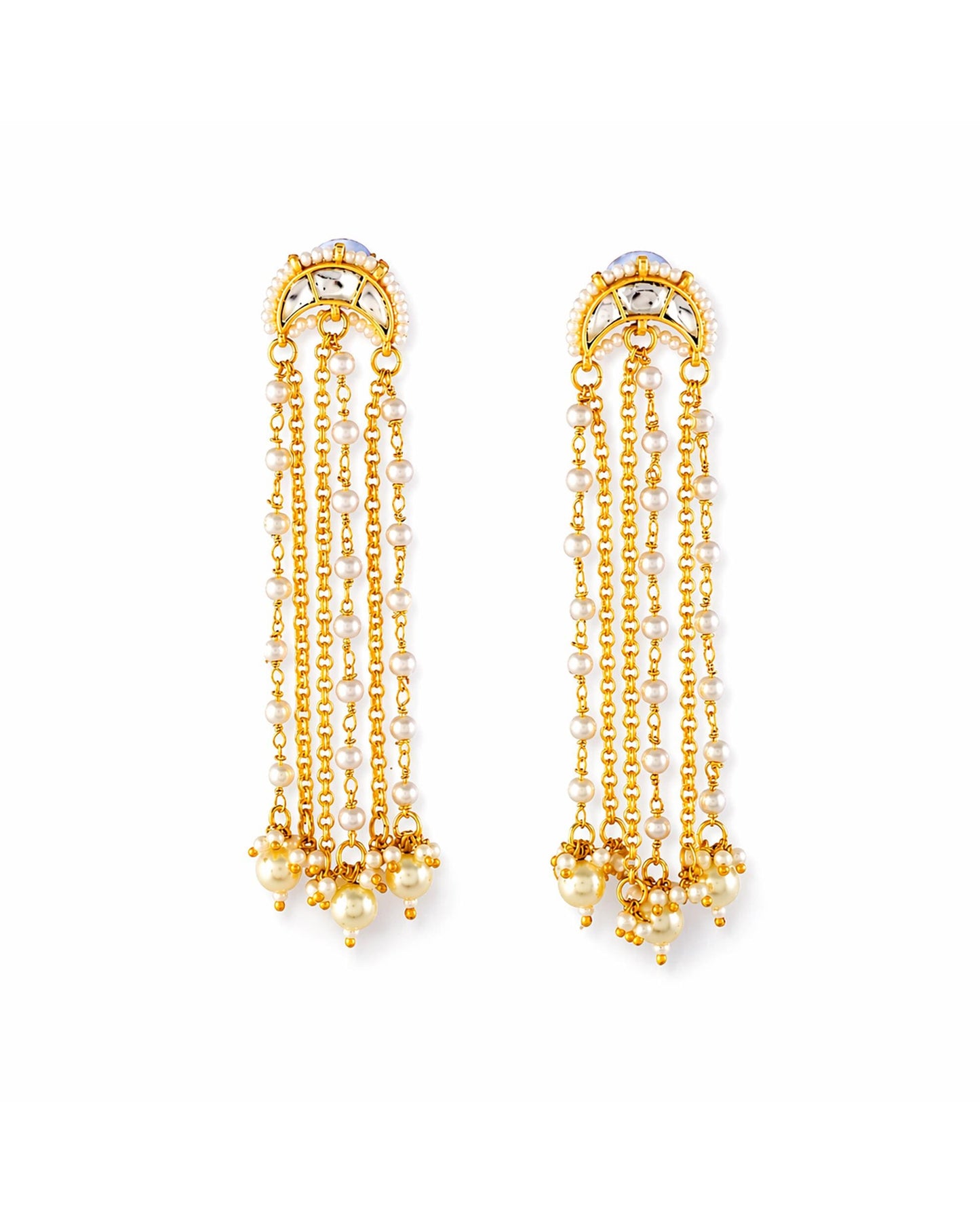 Long Pearl Tassel Earrings for Women, Gold Plated Kundan Dangler Earrings, Indian Bridal Earrings, Handmade Statement Ethnic Jewelry