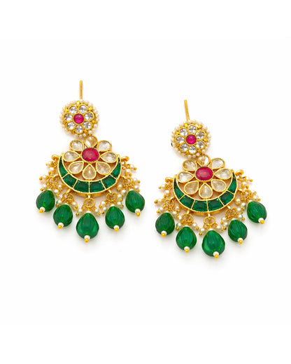 Gold Plated Chandbali Earrings, Polki Pearl & Green Drop Earrings, Indian Bridal Jewelry, Ethnic Statement Earrings, Handmade Kundan Jewelry