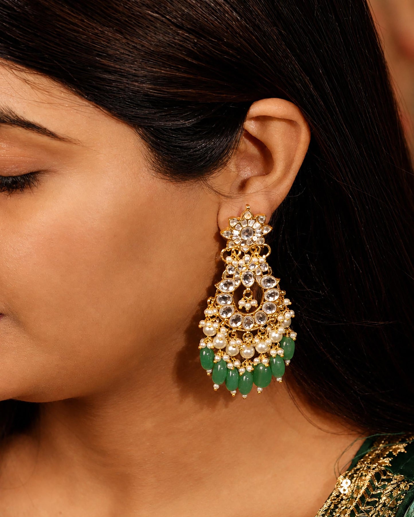 Handmade Jadau Chandbali Earrings, Gold Plated Polki Earrings, Green Bead Bridal Jewelry, Indian Ethnic Statement Earrings