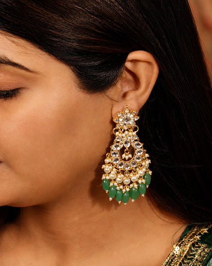 Handmade Jadau Chandbali Earrings, Gold Plated Polki Earrings, Green Bead Bridal Jewelry, Indian Ethnic Statement Earrings