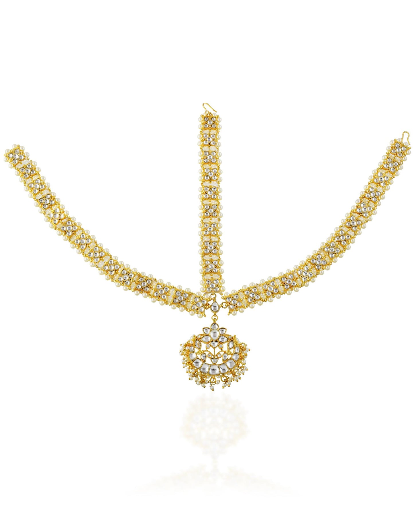 Handmade Gold-Plated Kundan Pearl Bridal Sheeshpatti Maang Tikka Headpiece Jewelry For Wife