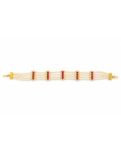 Kundan Pearl Matha Patti, Gold Red Boho Bridal Wedding Headpiece Jewelry