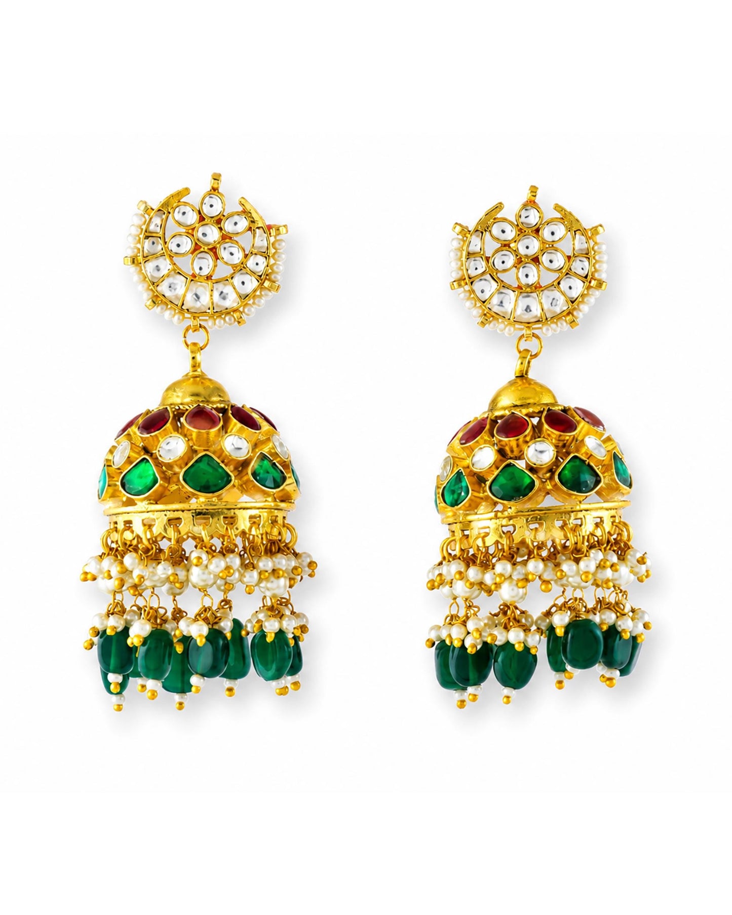 Jadau Jhumka Earrings with Polki Stones, Green Beads, Traditional Indian Bridal Jewelry, Gold Plated Ethnic Earrings for Women Gifts