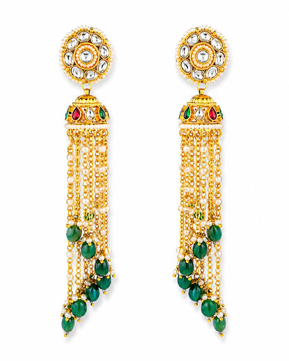 Gold Plated Pearl Jadau Jhumka Earrings with Polki Stones, Green Beads, Traditional Long Drop Bridal Jewelry, Ethnic Statement Earrings