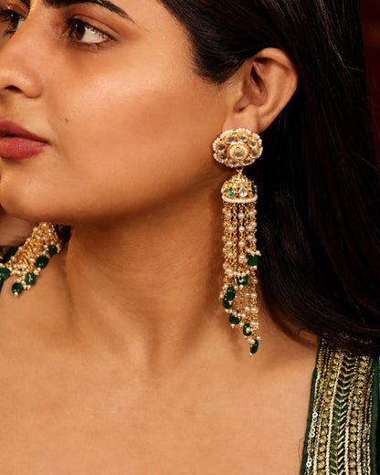 Gold Plated Pearl Jadau Jhumka Earrings with Polki Stones, Green Beads, Traditional Long Drop Bridal Jewelry, Ethnic Statement Earrings