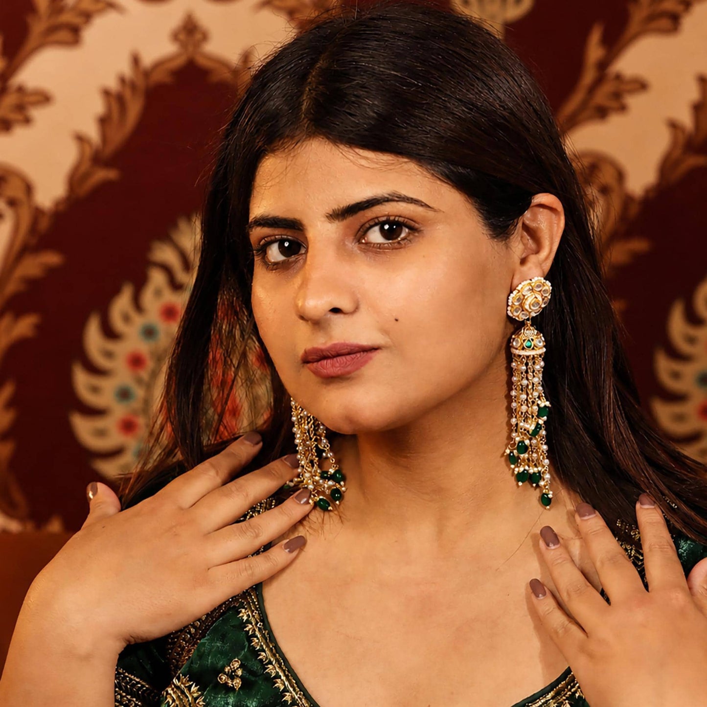 Gold Plated Pearl Jadau Jhumka Earrings with Polki Stones, Green Beads, Traditional Long Drop Bridal Jewelry, Ethnic Statement Earrings