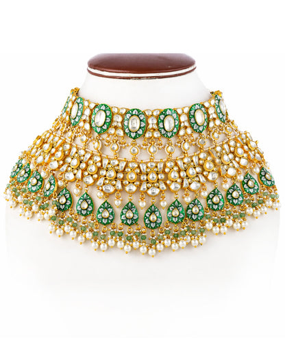 Royal Kundan Polki Bridal Necklace Earrings Set with Green Beads & Maang Tikka  Traditional Indian Wedding Jewelry