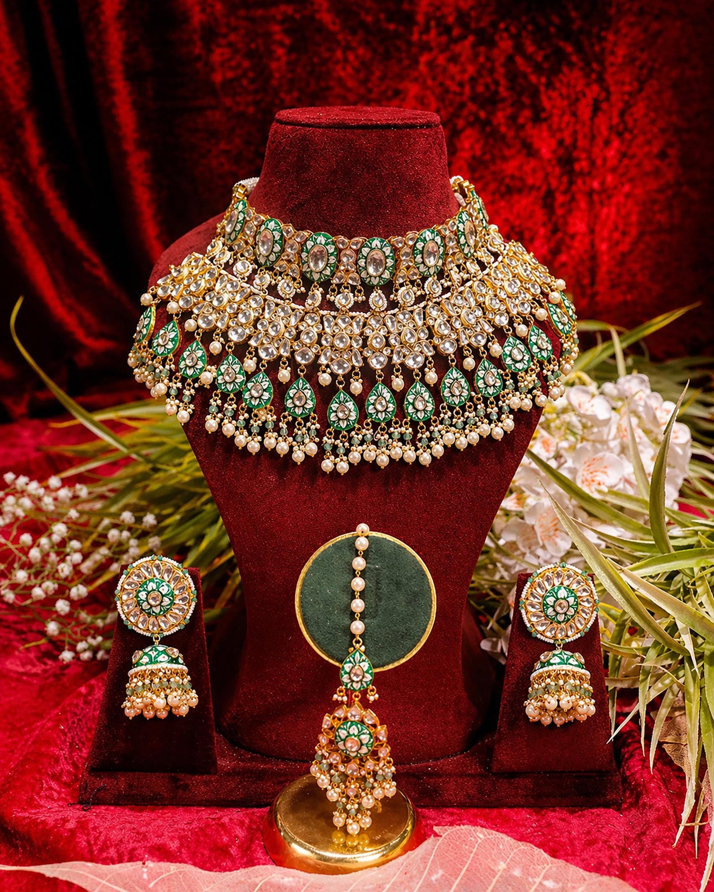 Royal Kundan Polki Bridal Necklace Earrings Set with Green Beads & Maang Tikka  Traditional Indian Wedding Jewelry
