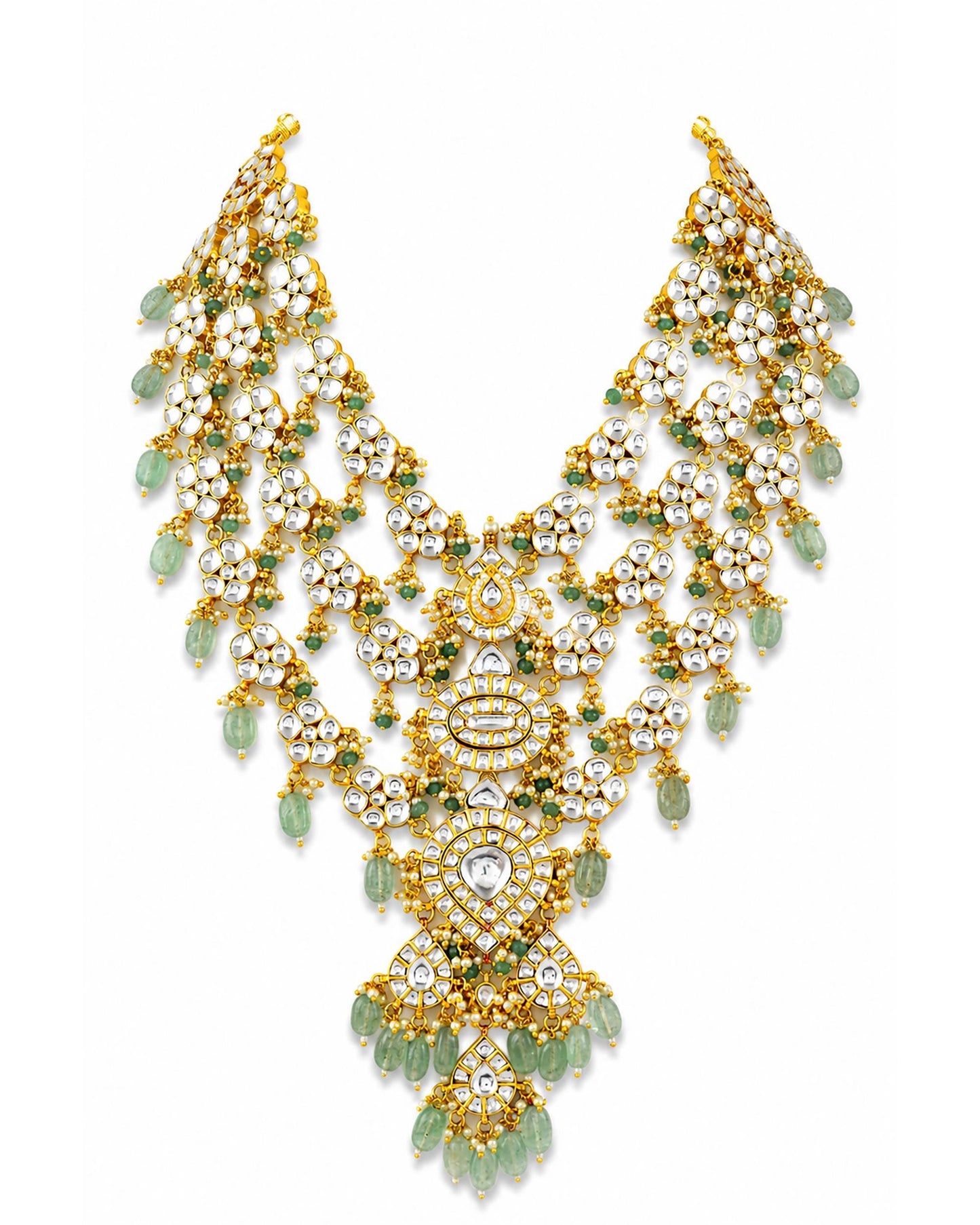 Luxury Polki Kundan Bridal Necklace Set, Green Beaded Indian Wedding Jewelry, Gold Plated Pakistani Bridal Haar, Statement Ethnic Necklace