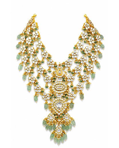 Luxury Polki Kundan Bridal Necklace Set, Green Beaded Indian Wedding Jewelry, Gold Plated Pakistani Bridal Haar, Statement Ethnic Necklace