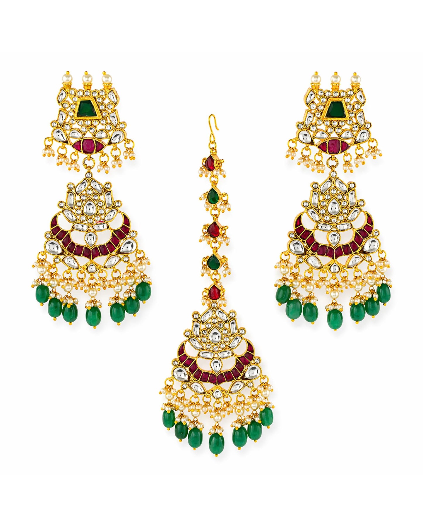 Gold Plated Kundan Bridal Necklace Set with Maang Tikka & Chandbali Earrings, Indian Wedding Jewelry Set, Green Beads Rani Pink Polki Choker
