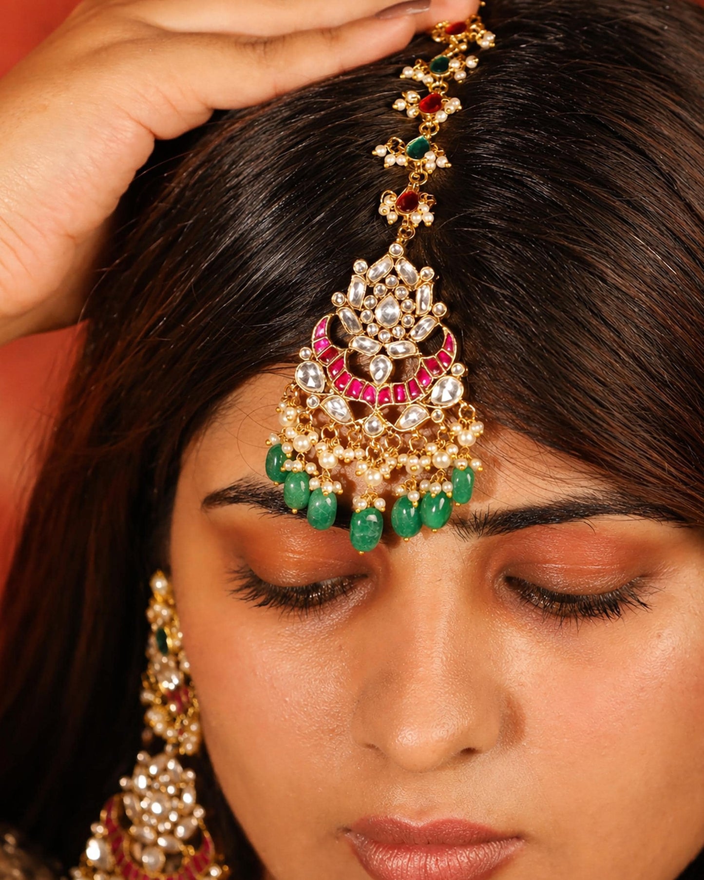 Gold Plated Kundan Bridal Necklace Set with Maang Tikka & Chandbali Earrings, Indian Wedding Jewelry Set, Green Beads Rani Pink Polki Choker
