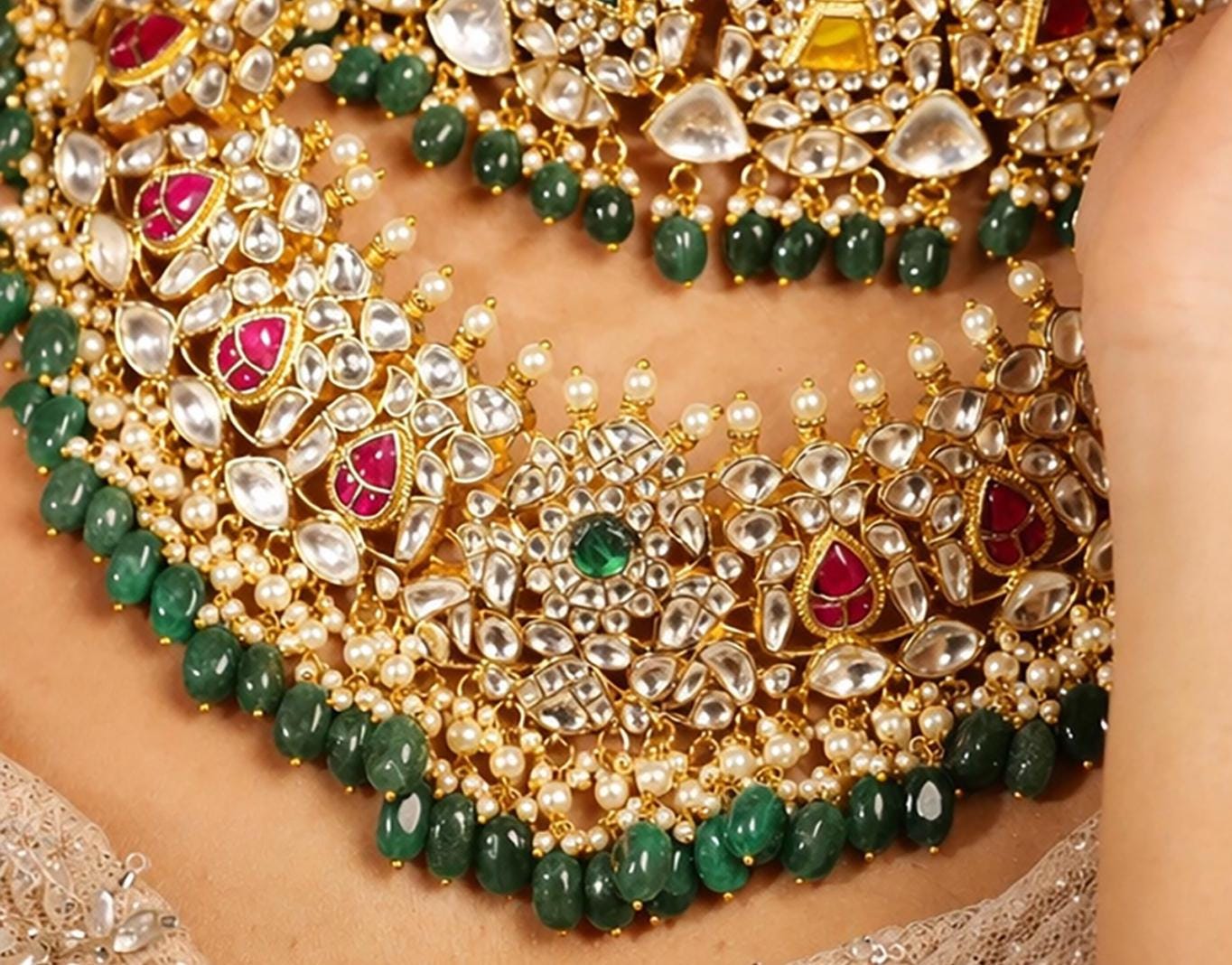 Gold Plated Kundan Bridal Necklace Set with Maang Tikka & Chandbali Earrings, Indian Wedding Jewelry Set, Green Beads Rani Pink Polki Choker