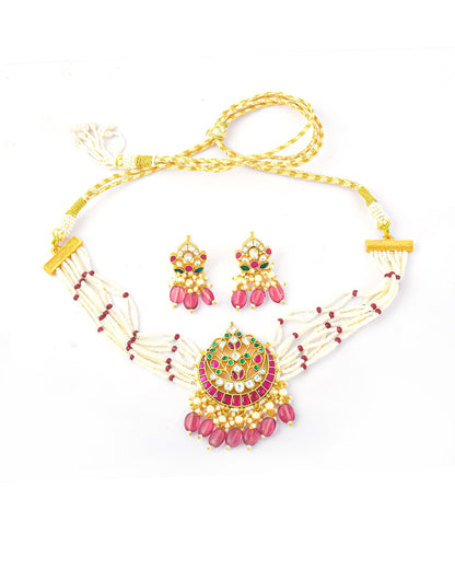 Pink Kundan Choker Necklace Set, White Pearl Multi Layer Necklace, Traditional Indian Wedding Jewelry, Meenakari Jewelry Set