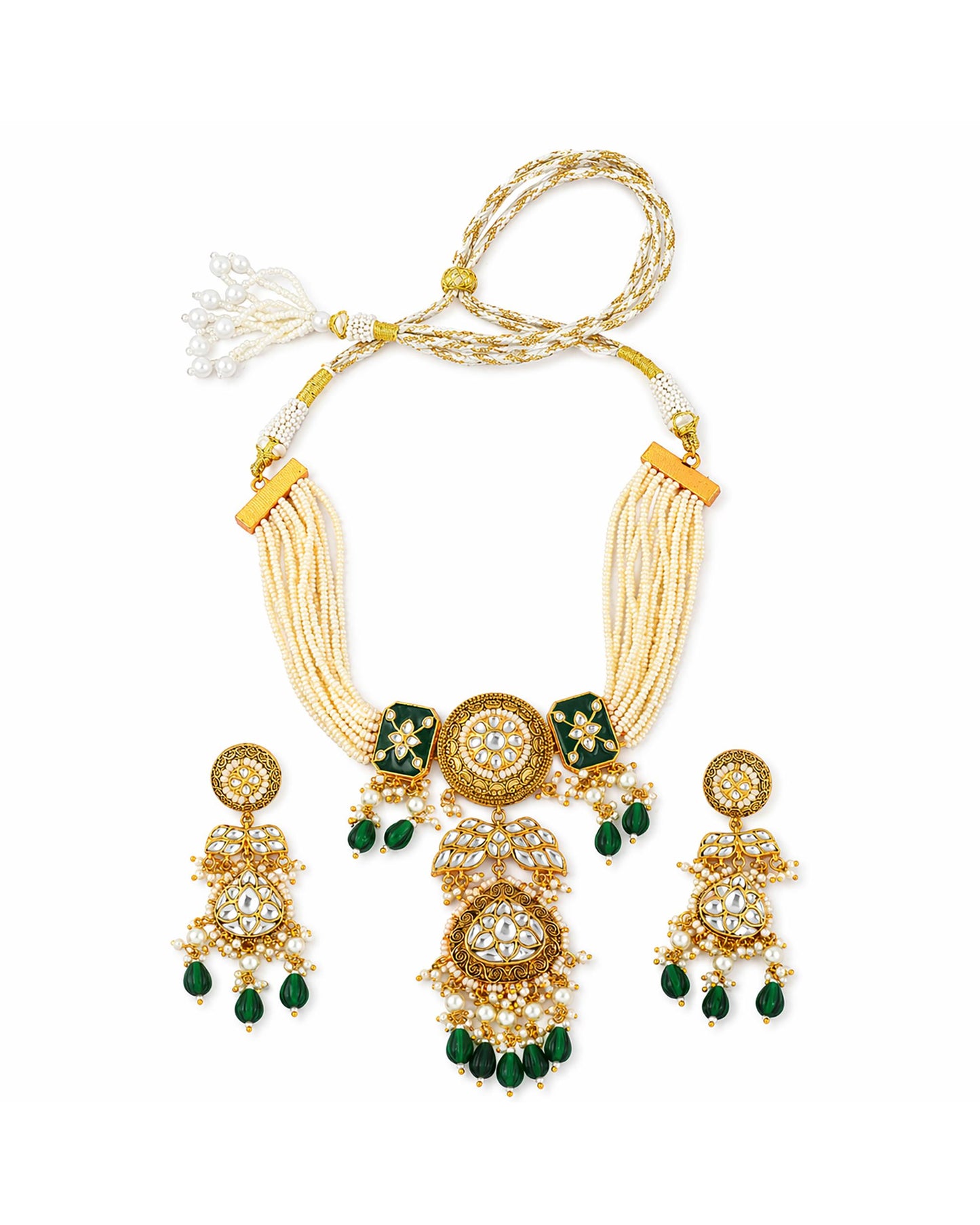 Royal Green Kundan Pearl Bridal Necklace Set, Indian Wedding Jewelry Set, Traditional Meenakari Choker with Earrings, Bridal Necklace